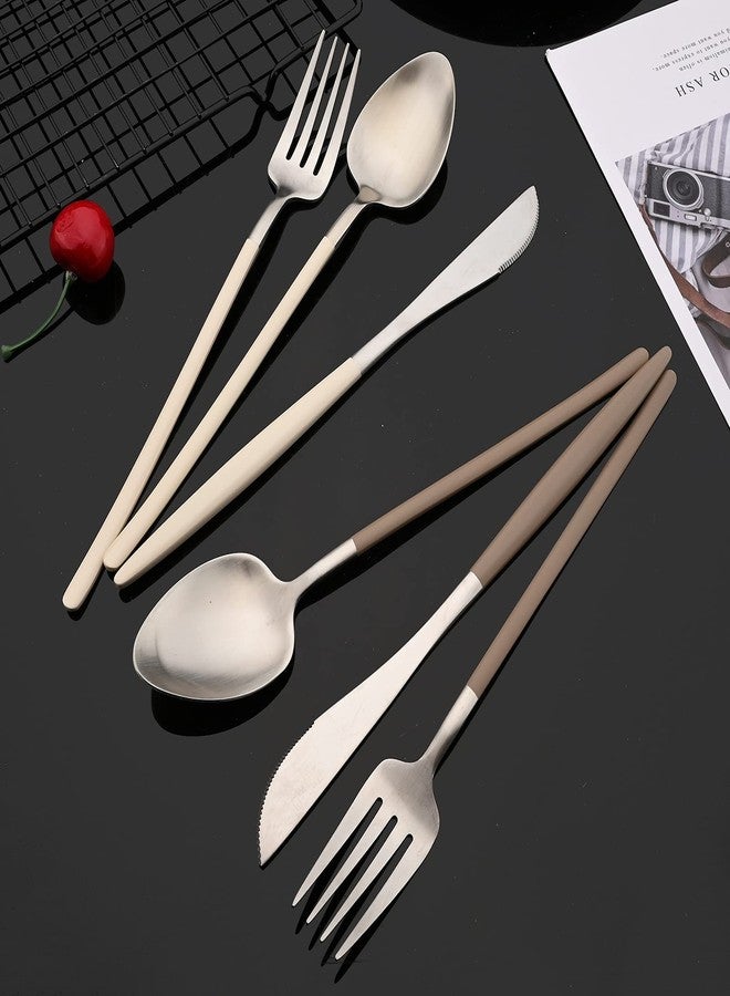 JASHII Slim Handle Silverware Set 20 Pieces, 304 Stainless Steel Colorful Flatware Set, Titanium Plating Cutlery Set, Utensil Sets for Home Dinner Service for 4, Dishwasher Safe - Beige&Silver - Image 4